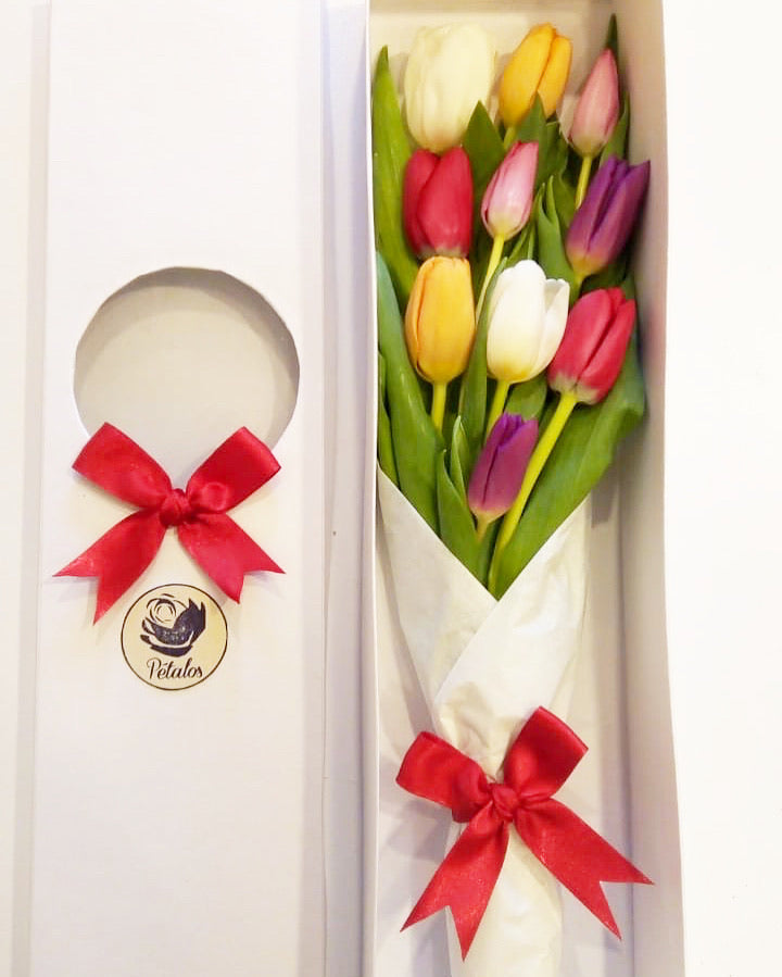 Caja premium de tulipanes de colores