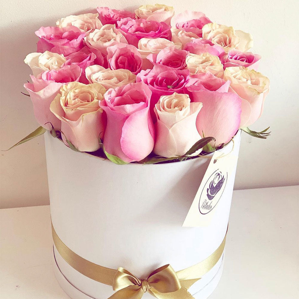 Caja de rosas blancas y rosadas - Pétalos