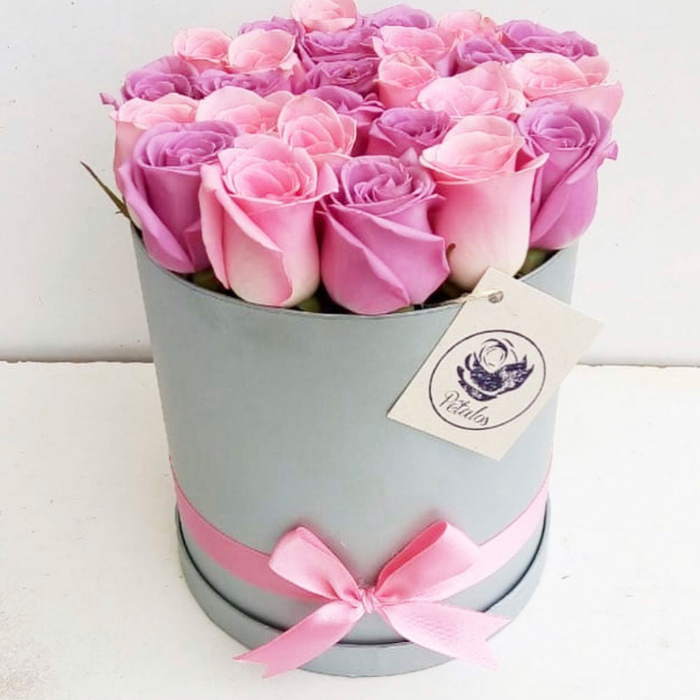 Caja de Rosas Lila y Rosadas - Pétalos